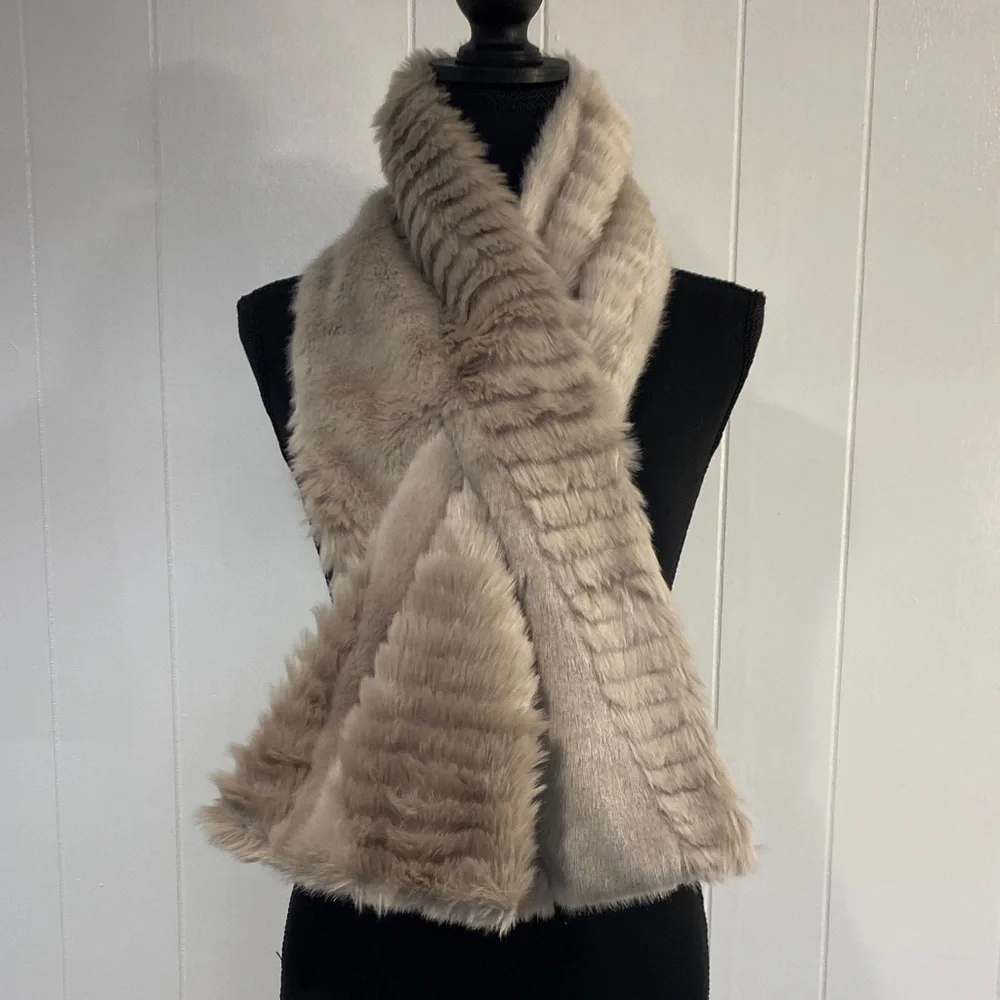 Banana Republic Faux Fur Scarf | Taupe Beige | Satin Lined | 48” Luxury Wrap
